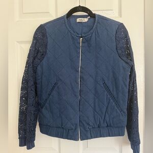Amur quilted bomber navy jacket with lace sleeves